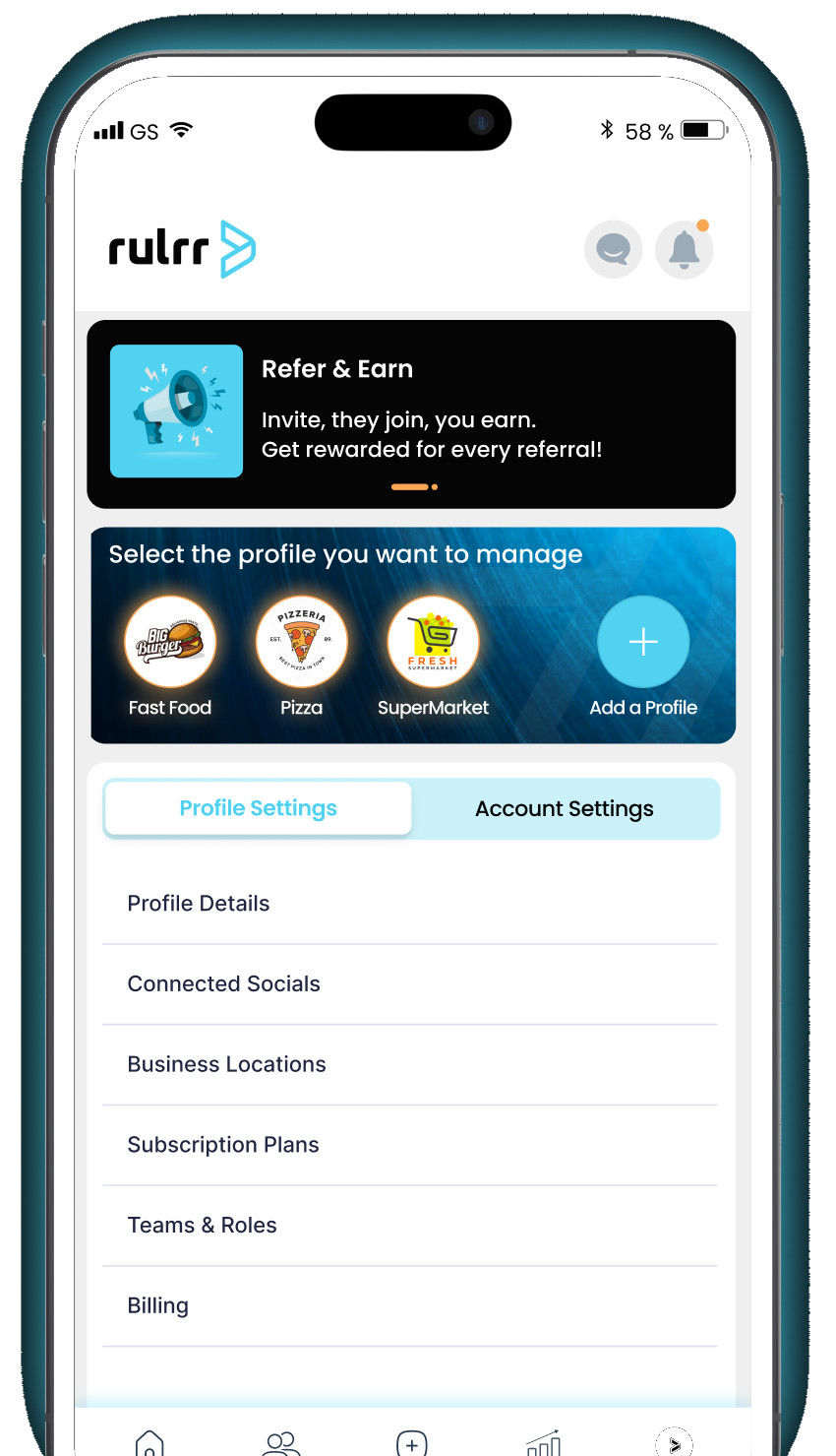 Rulrr agency app — manage profiles, refer and earn