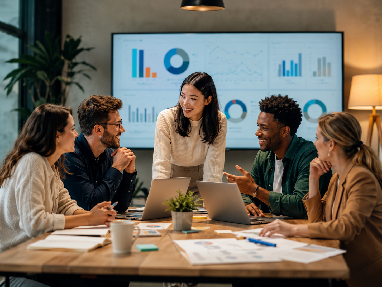 An agency team collaborating around campaign dashboards