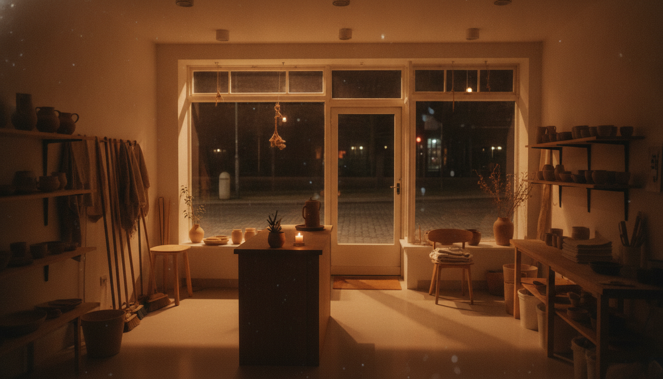 A tidy, calm shop at night with the day’s work already finished