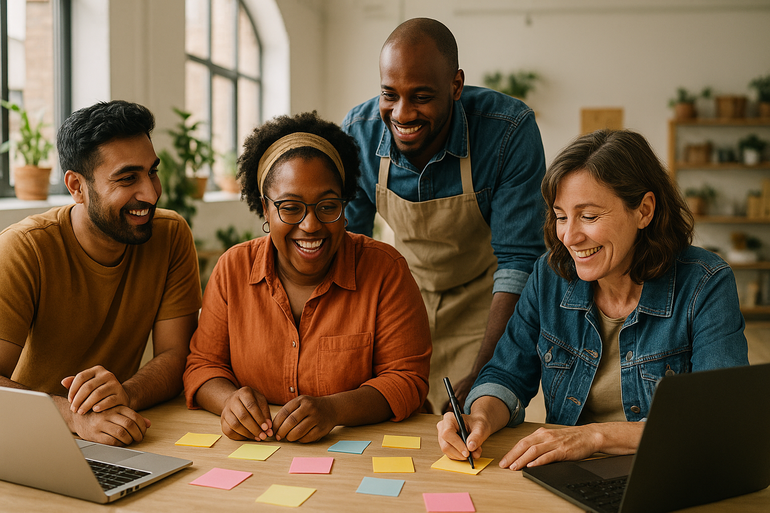 Small business owners collaborating on content strategies