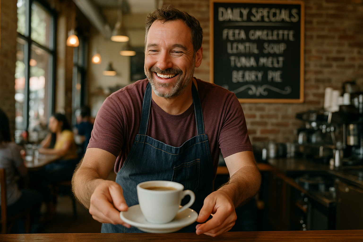 Cafe owner serving coffee in a busy cafe.