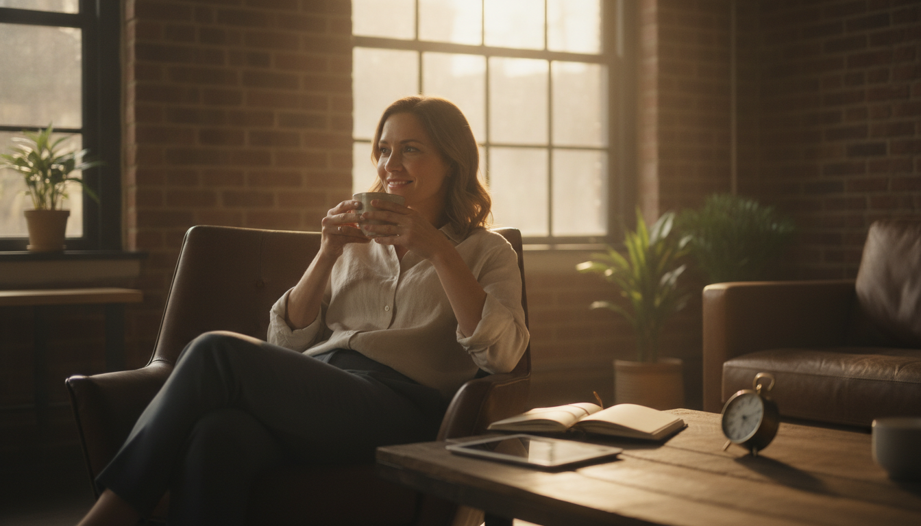 A business owner calmly enjoying the morning instead of scrambling