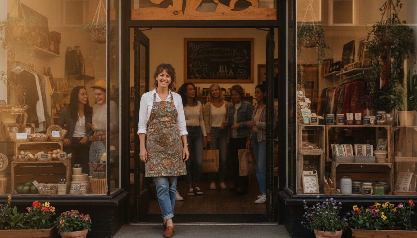 A proud local shop owner standing in the doorway of a busy storefront