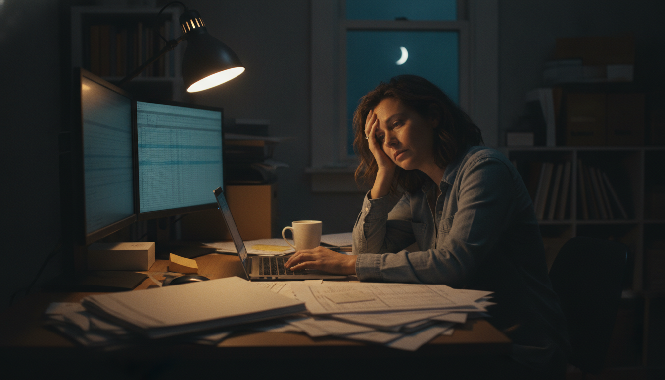 An owner buried in late-night admin work instead of resting