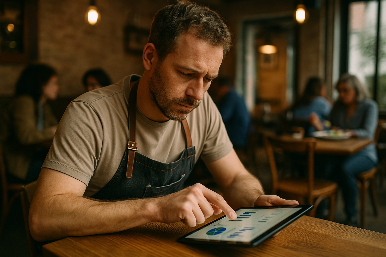 Cafe owner analyzing marketing data on a tablet.