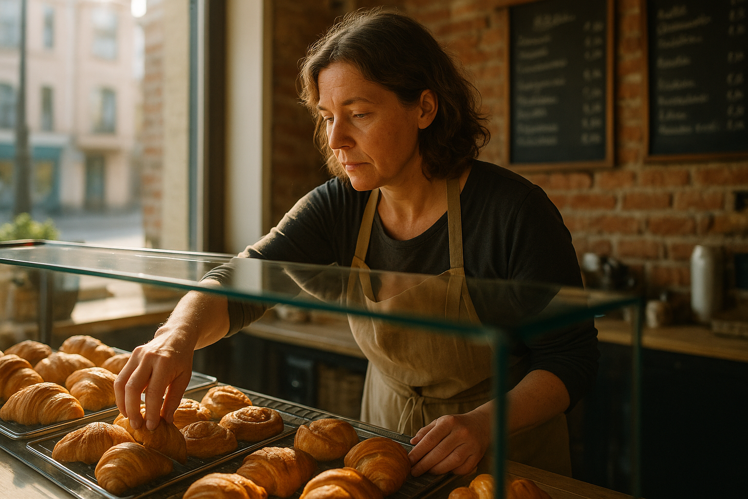 A cafe and bakery owner arranging fresh pastries in her shop on a busy morning