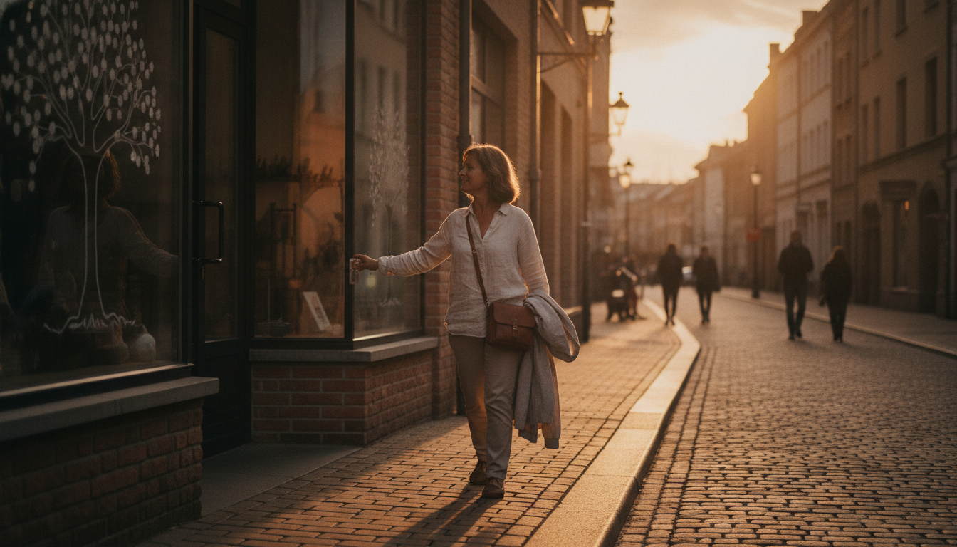 An owner leaving work on time, unburdened, into the evening