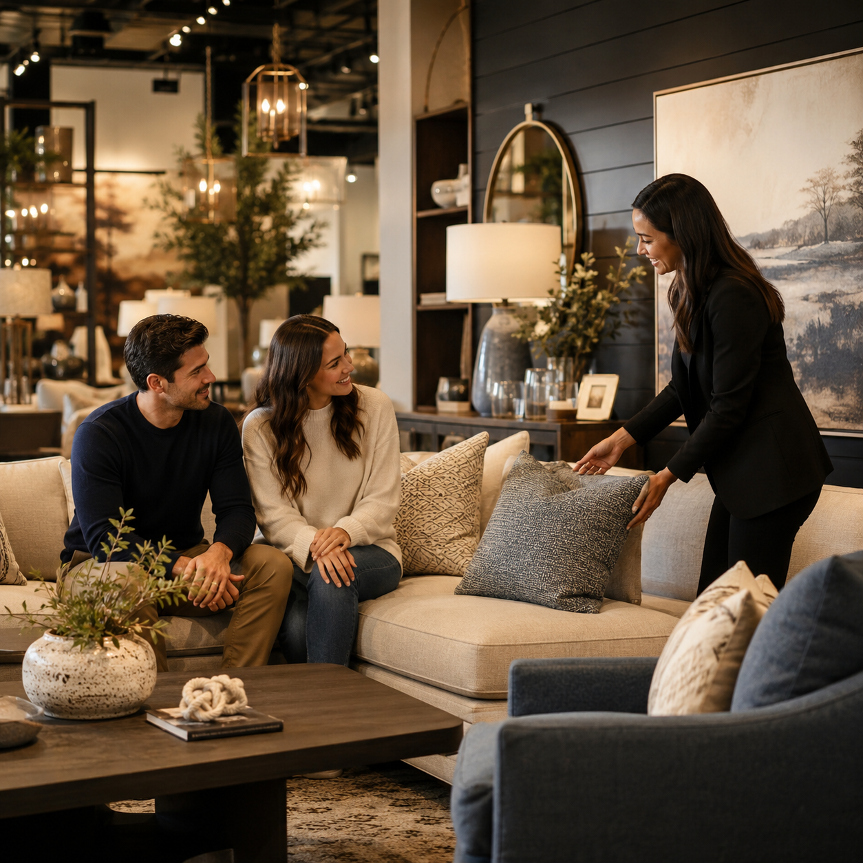 Conseiller de vente aidant des clients dans un showroom de meubles