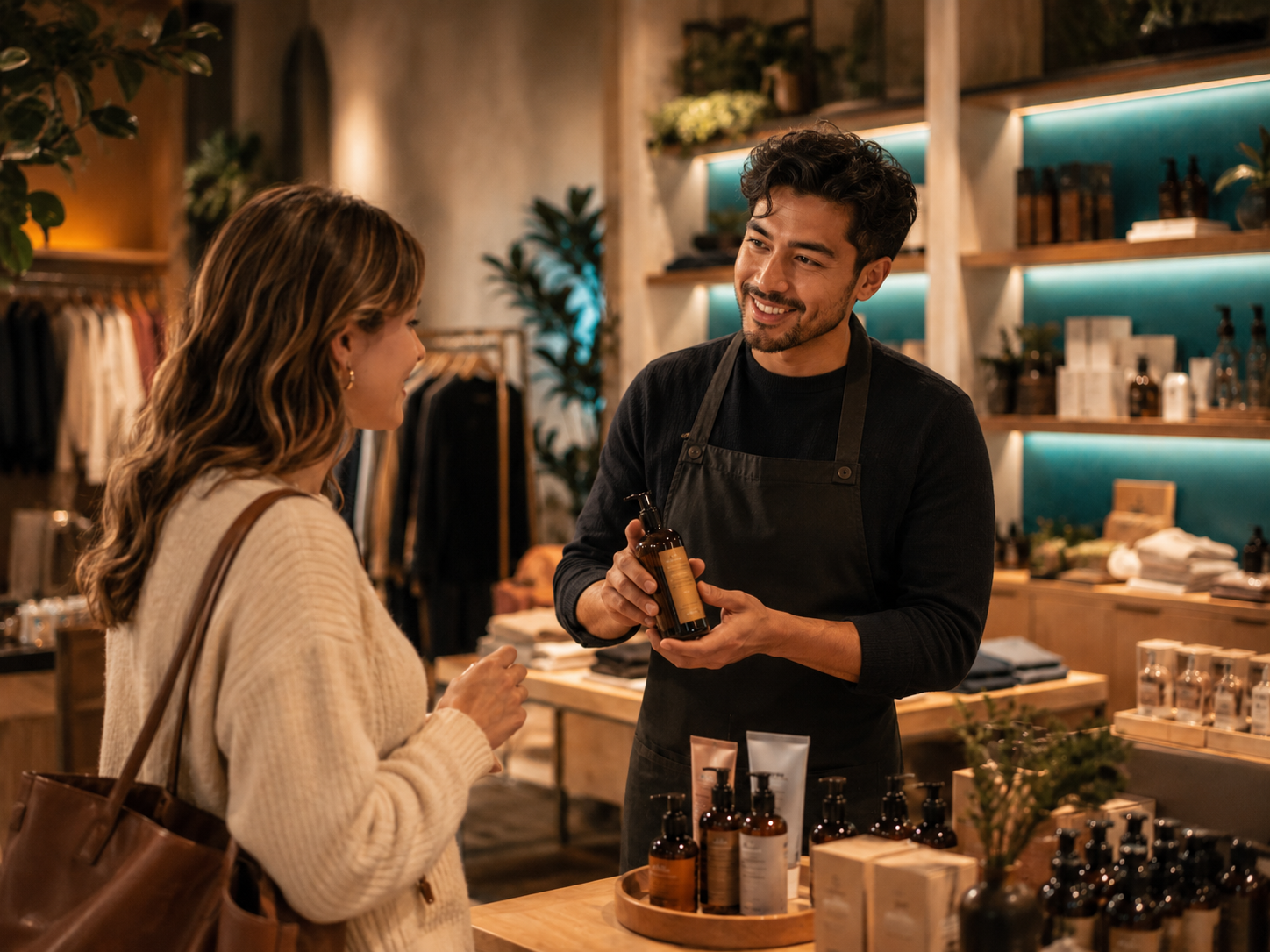 Vendeur aidant un client avec un produit dans un magasin moderne